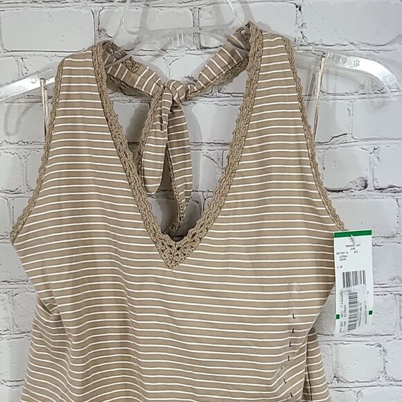 Jones New York Tan Stripe Lace Halter Top Shelf Bra Backless T-Shirt Large- NWOT - Picture 2 of 12